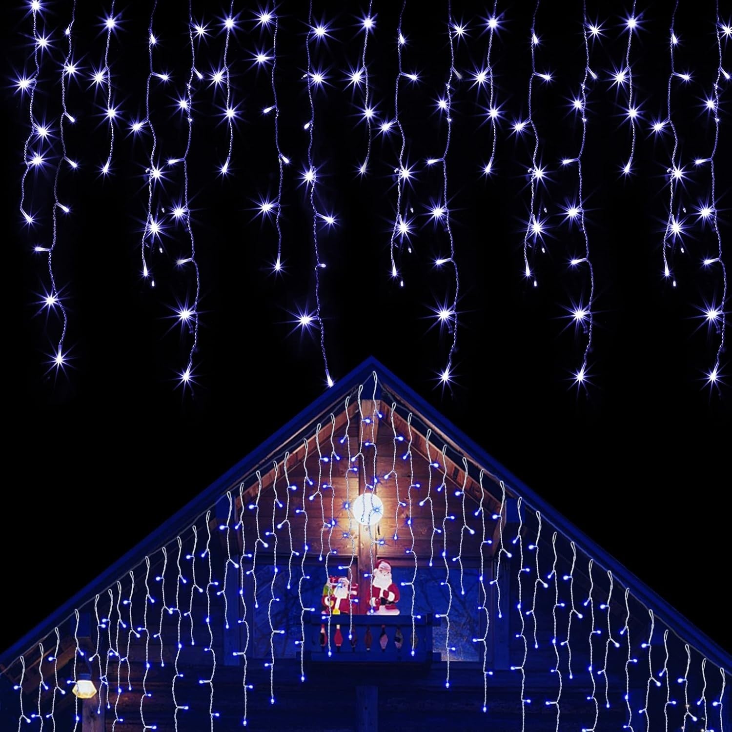 Instalatie Solara Craciun Turturi, IP44, 5 m, 143 Led-uri, Perdea Franjurata, albastru, 8 jocuri de lumini, cu Telecomanda, 31V, 500 mAh, Acumulator de 2400 mAh, Exterior, Prelungitor 5 m inclus, Fir Alb, Klevo