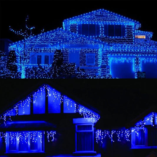 Instalatie Solara Craciun Turturi, IP44, 5 m, 143 Led-uri, Perdea Franjurata, albastru, 8 jocuri de lumini, cu Telecomanda, 31V, 500 mAh, Acumulator de 2400 mAh, Exterior, Prelungitor 5 m inclus, Fir Alb, Klevo