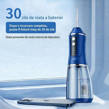 Irigator Bucal Electric, Klevo,  Portabil, Dus Bucal pentru Curatare, Indepartare Tartru, 4 Capete, 25 x 8 x 8 cm, Albastru