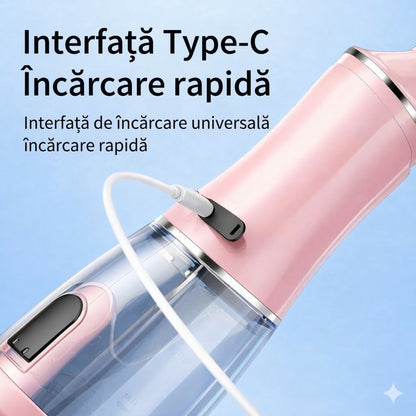 Irigator Bucal Electric, Klevo,  Portabil, Dus Bucal pentru Curatare, Indepartare Tartru, 4 Capete, 25 x 8 x 8 cm, Roz