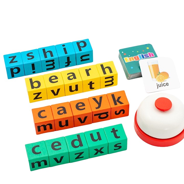 Joc cu Blocuri din Lemn, Klevo, Formare Cuvinte, Cartonase cu Obiecte si Animale, Clopotel, Joc pentru 4 Persoane, 3 Ani+, 28x15.5x5 cm, Multicolor