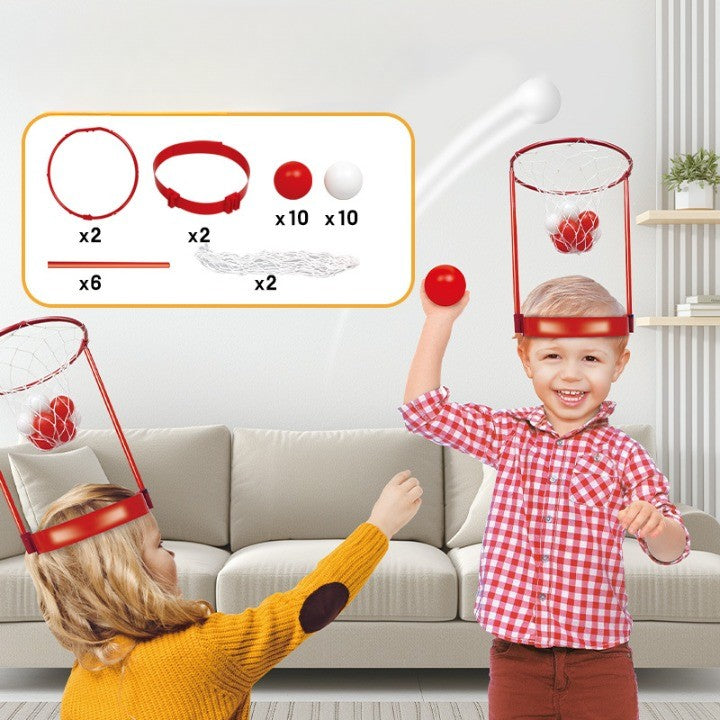 Set Interactiv pentru Copii, Klevo, Joc cu Doua Cosuri de Baschet de Pus pe Cap, Joc Dublu, 20 de Mingi Albe si Rosii, Multicolor