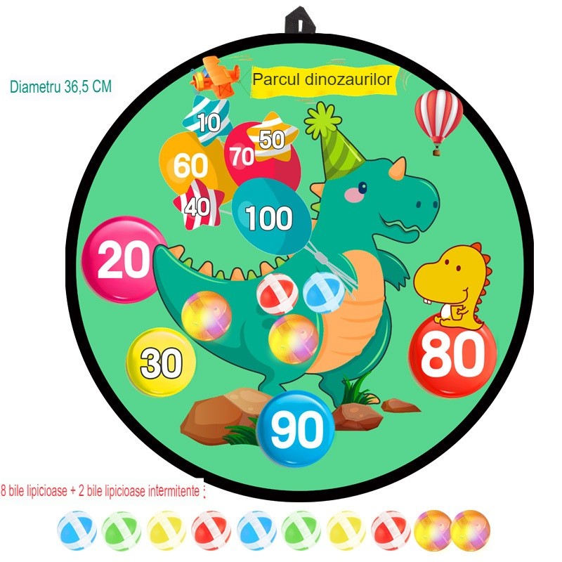 Joc Darts Klevo pentru Copii, Placa Pliabila 36.5 cm, 8 Mingii Velcro/Scai Simple, 2 Mingii Luminoase, Model Dinozaur Park, Verde