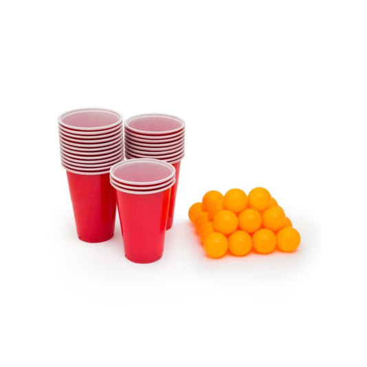 Joc de Baut BEER PONG, Klevo, Set din 12 Mingi de Tenis si 12 Pahare Reutilizabile, Joc Interactiv pentu Adulti, Albastru Rosu