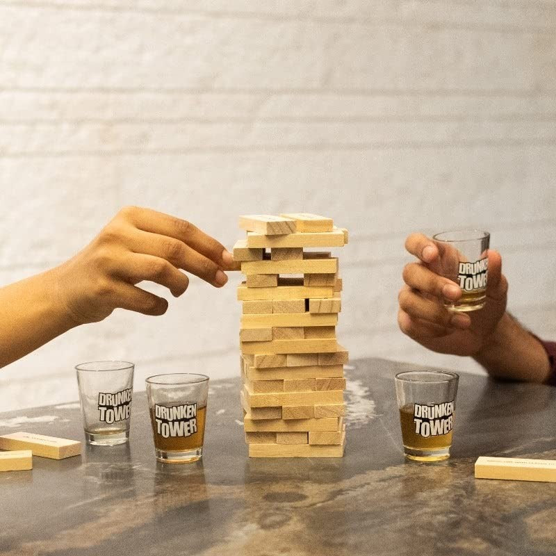 Joc de Baut Jenga Klevo, Turnul Betivului din Lemn, Piese cu Provocari, Pahare de Shot din Sticla Incluse, 19 x 7 x 20 cm