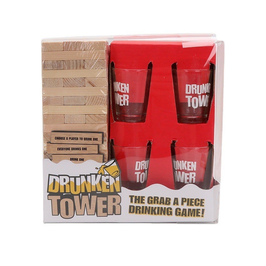 Joc de Baut Jenga Klevo, Turnul Betivului din Lemn, Piese cu Provocari, Pahare de Shot din Sticla Incluse, 19 x 7 x 20 cm