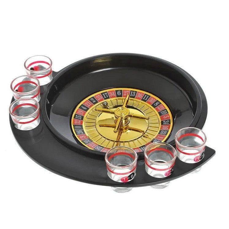 Joc de Baut Ruleta Klevo, cu 6 Pahare de Shot din Sticla , 30 x 26.5 x 6.5 cm, Rosu/Negru