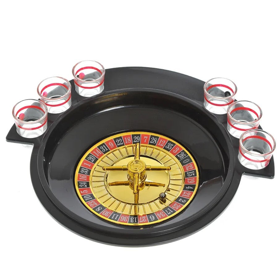 Joc de Baut Ruleta Klevo, cu 6 Pahare de Shot din Sticla , 30 x 26.5 x 6.5 cm, Rosu/Negru