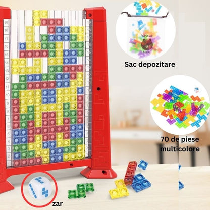Joc de inteligenta Tetris puzzle tangram Klevo, 70 de piese multicolore, 3D, montessori, interactiv, din plastic, zar inclus, sac depozitare piese, varsta peste 6 ani, 23 x 19.8 x 5 cm, cadru rosu