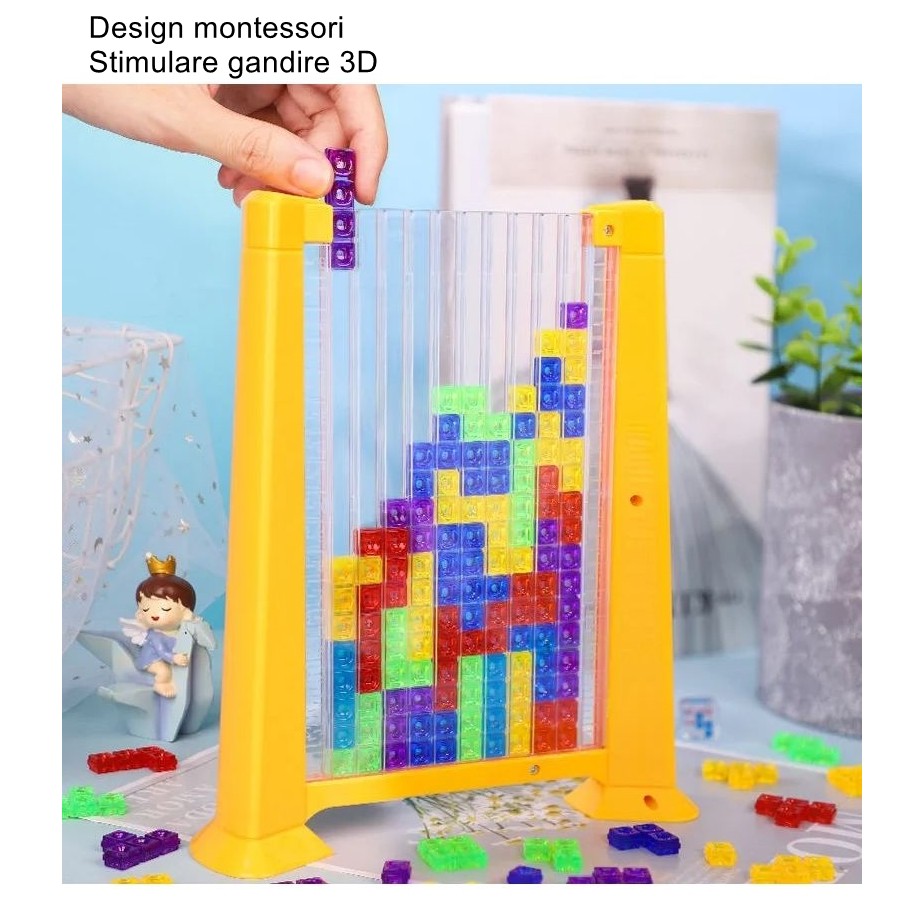 Joc de inteligenta Tetris puzzle tangram Klevo, 70 de piese multicolore, 3D, montessori, interactiv, din plastic, zar inclus, sac depozitare piese, varsta peste 6 ani, 23 x 19.8 x 5 cm, cadru galben