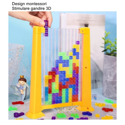 Joc de inteligenta Tetris puzzle tangram Klevo, 70 de piese multicolore, 3D, montessori, interactiv, din plastic, zar inclus, sac depozitare piese, varsta peste 6 ani, 23 x 19.8 x 5 cm, cadru galben