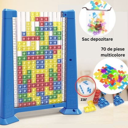Joc de inteligenta Tetris puzzle tangram Klevo, 70 de piese multicolore, 3D, montessori, interactiv, din plastic, zar inclus, sac depozitare piese, varsta peste 6 ani, 23 x 19.8 x 5 cm, cadru albastru