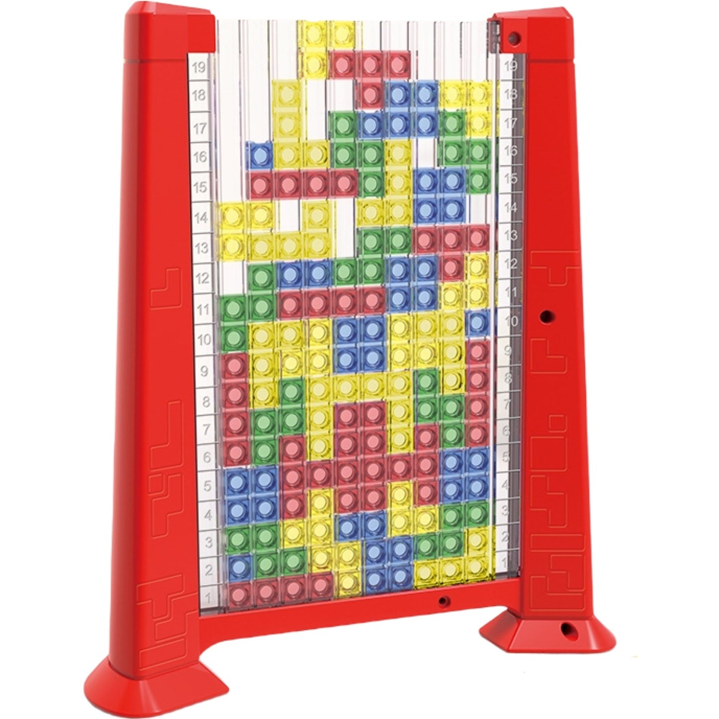 Joc de inteligenta Tetris puzzle tangram Klevo, 70 de piese multicolore, 3D, montessori, interactiv, din plastic, zar inclus, sac depozitare piese, varsta peste 6 ani, 23 x 19.8 x 5 cm, cadru rosu