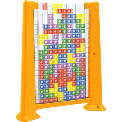 Joc de inteligenta Tetris puzzle tangram Klevo, 70 de piese multicolore, 3D, montessori, interactiv, din plastic, zar inclus, sac depozitare piese, varsta peste 6 ani, 23 x 19.8 x 5 cm, cadru galben