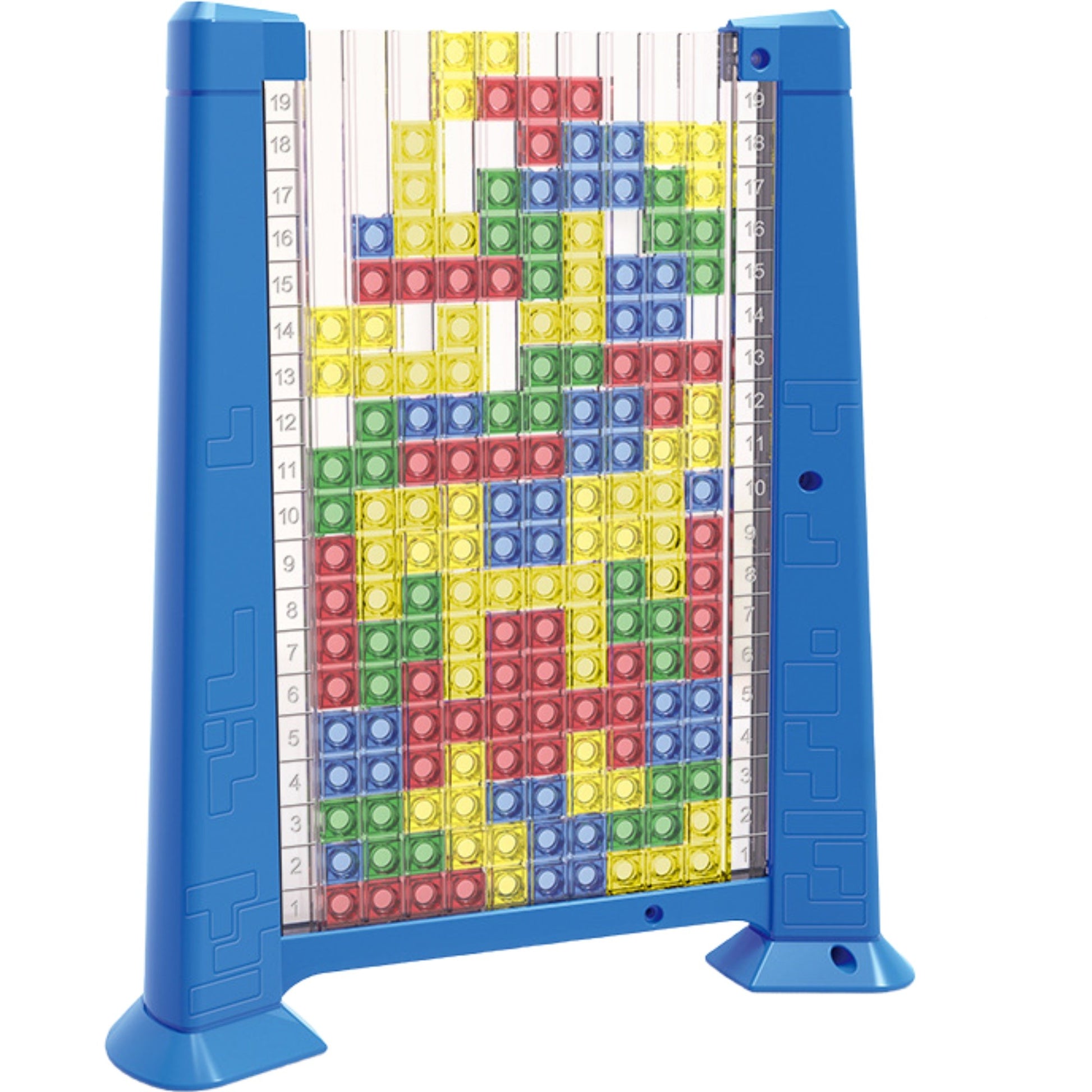 Joc de inteligenta Tetris puzzle tangram Klevo, 70 de piese multicolore, 3D, montessori, interactiv, din plastic, zar inclus, sac depozitare piese, varsta peste 6 ani, 23 x 19.8 x 5 cm, cadru albastru