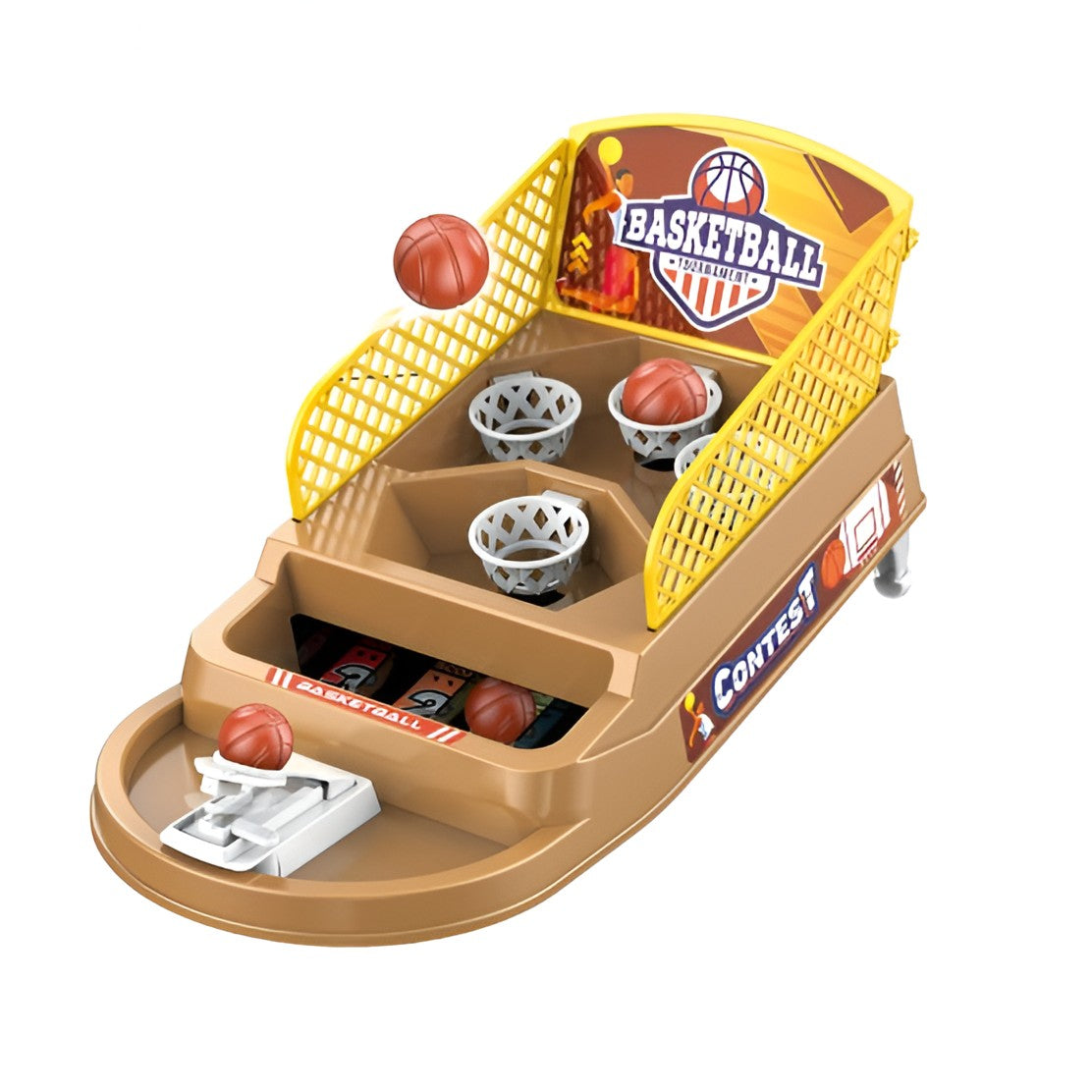 Joc de Masa Mini Baschet Interactiv pentru Copii, Klevo, 4 Cosuri, 3 Mingi Incluse, 23.5x11.5x14 cm, Maro