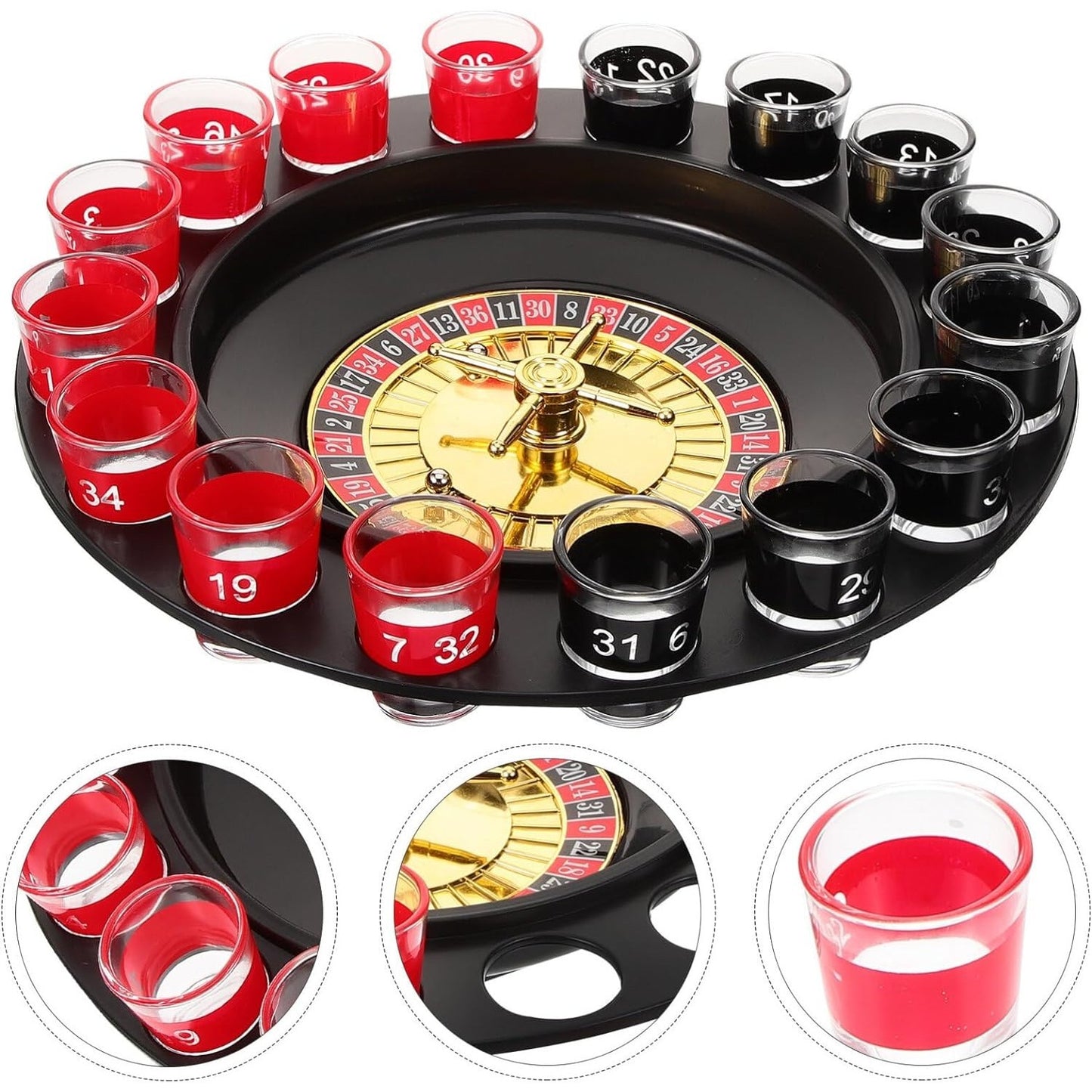 Joc de Ruleta Klevo, cu Pahare de Shot si Plansa de Joc Blackjack, 31 cm, Rosu-Negru