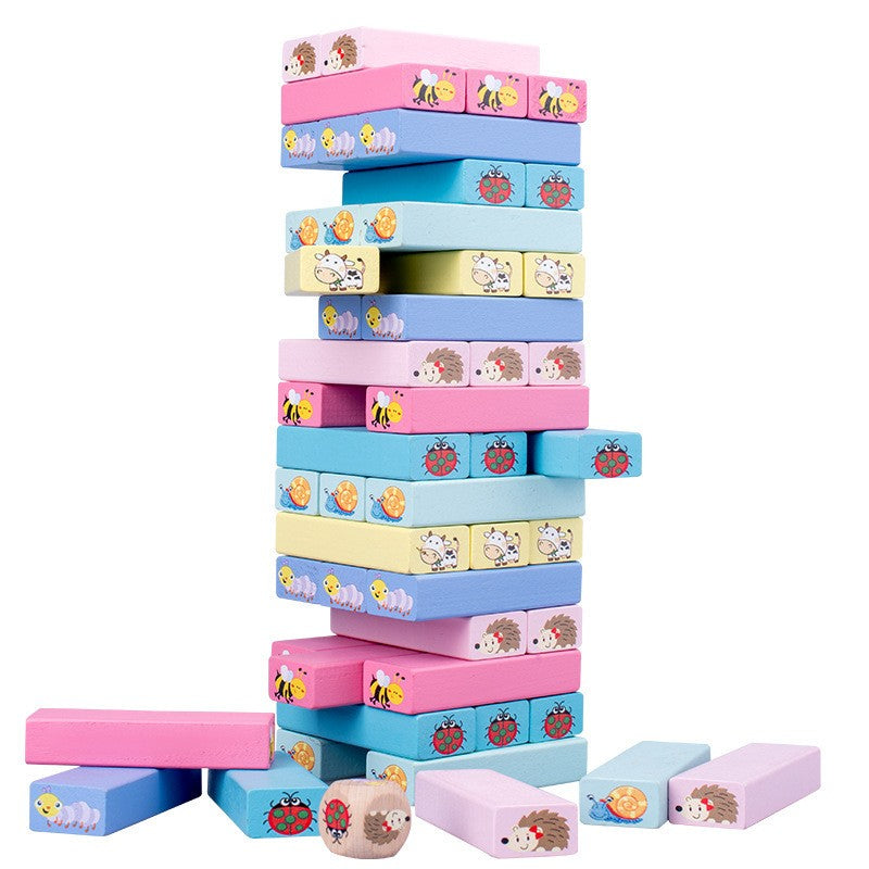 Joc de Societate, Klevo, pentru Copii, din Lemn, Interactiv, Distractiv, Jenga Stack High Blocks, cu Zar, 51 de Piese Animate, 24.5x18x5 cm, Multicolor