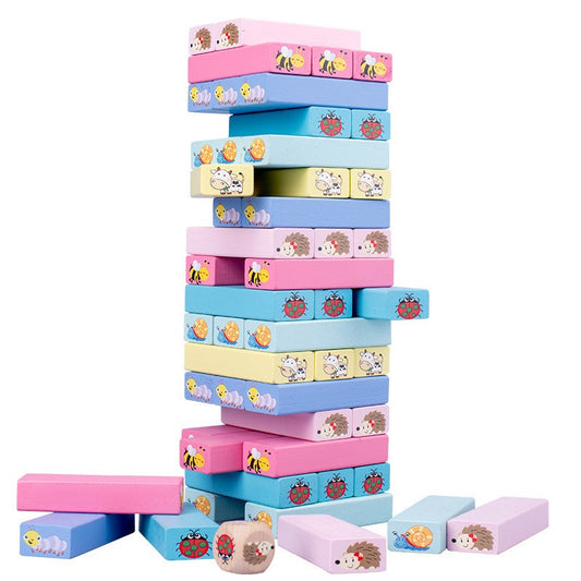 Joc de Societate, Klevo, pentru Copii, din Lemn, Interactiv, Distractiv, Jenga Stack High Blocks, cu Zar, 51 de Piese Animate, 24.5x18x5 cm, Multicolor