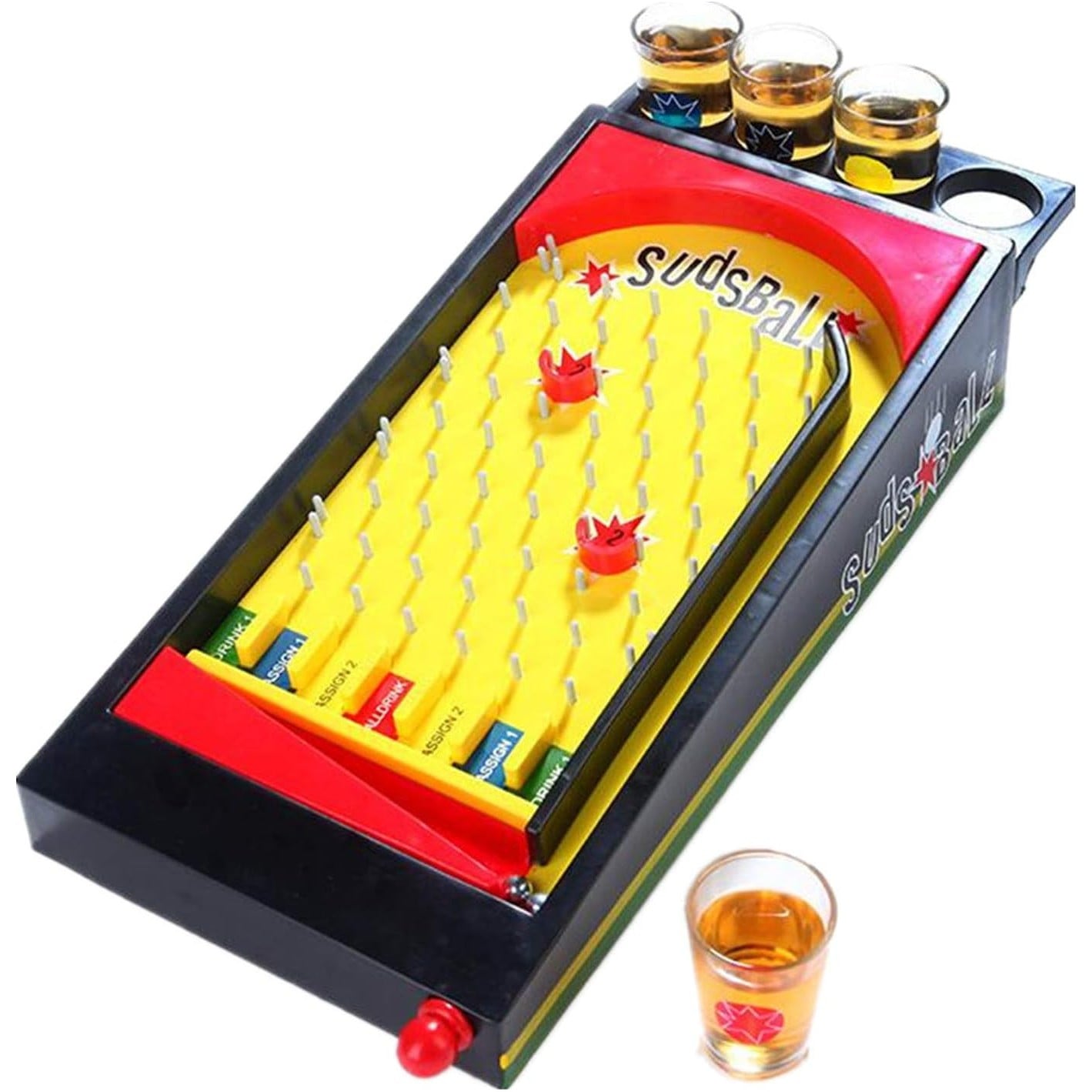 Joc de societate Pinball cu pahare pentru shoturi Klevo, 40 x 17,7 cm, galben