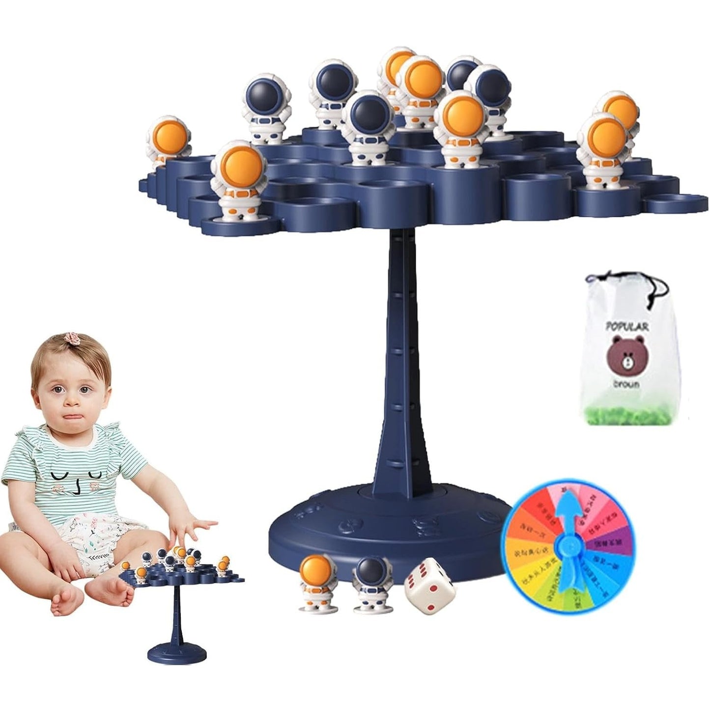 Joc Interactiv, Klevo, Astronauti in Echilibru, +3 Ani, din Plastic, 50 de Pioni, Placa de Echilibru, Roata cu Pedepse, Zar, 14 x 7 x 14 cm, Albastru