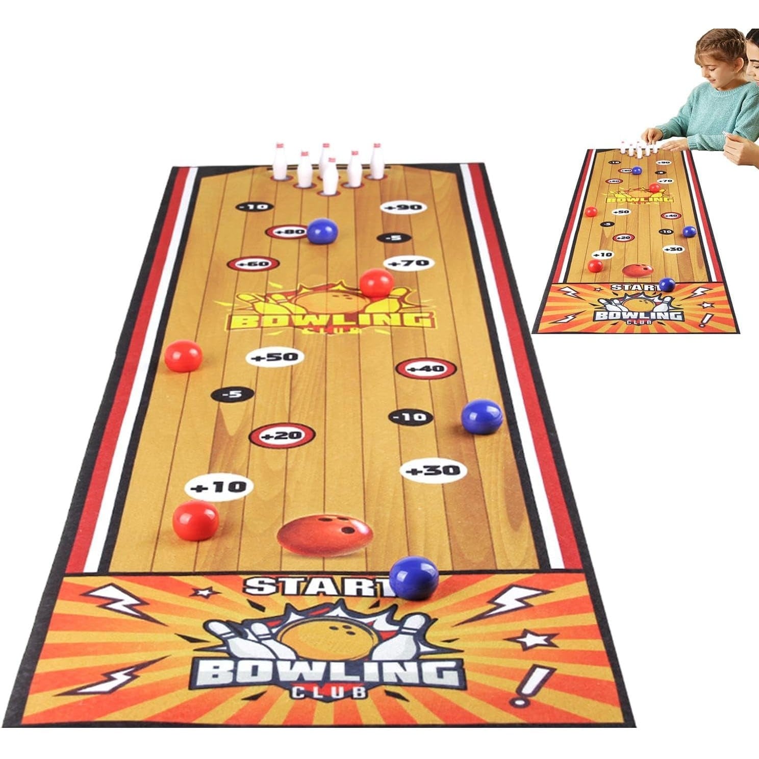Joc Interactiv, Klevo, Covor de Bowling 90 x 20 cm, 1-4 Jucatori, +5 Ani, 6 Mingi Incluse, 6 Popice, Galben