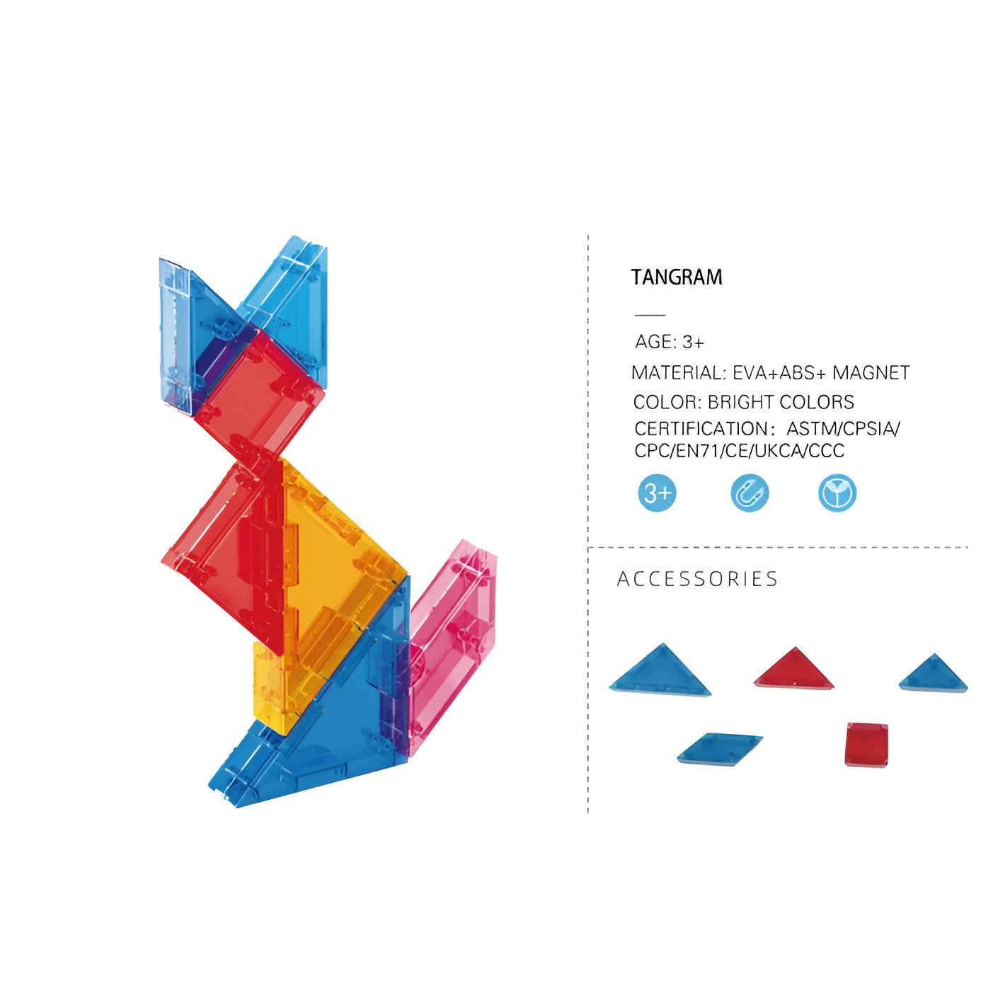 Joc Magnetic Tangram, Klevo, 7 Piese Magnetice, Forme Geometrice, 3 Ani, EVA, ABS, Magnet, 10.5 x 10.5 x 2.2 cm, Multicolor