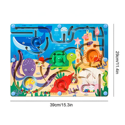 Joc Montessori de Sortare Culori, Klevo, Creion Magnetic, Tip Labirint Ilustrat, din Lemn, Model Animale Marine, 39x29x1.5 cm