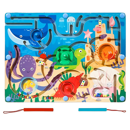 Joc Montessori de Sortare Culori, Klevo, Creion Magnetic, Tip Labirint Ilustrat, din Lemn, Model Animale Marine, 39x29x1.5 cm