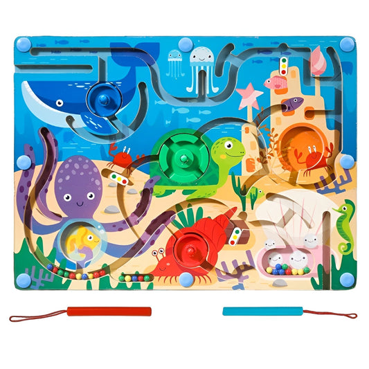 Joc Montessori de Sortare Culori, Klevo, Creion Magnetic, Tip Labirint Ilustrat, din Lemn, Model Animale Marine, 39x29x1.5 cm