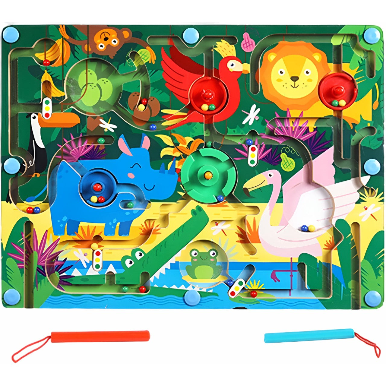 Joc Montessori de Sortare Culori, Klevo, Creion Magnetic, Tip Labirint Ilustrat, din Lemn, Model Animale Salbatice, 39x29x1.5 cm