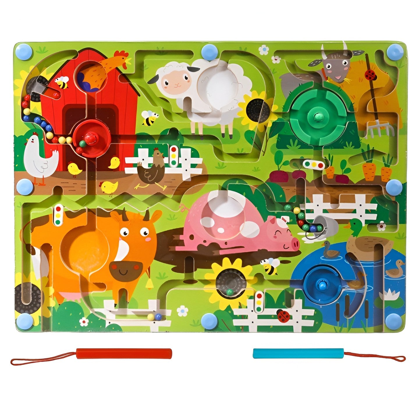 Joc Montessori de Sortare Culori, Klevo, Creion Magnetic, Tip Labirint Ilustrat, din Lemn, Model Ferma, 39x29x1.5 cm
