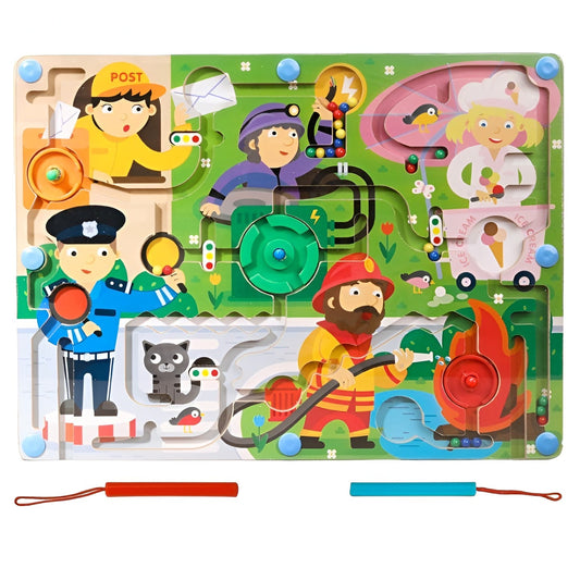 Joc Montessori de Sortare Culori, Klevo, Creion Magnetic, Tip Labirint Ilustrat, din Lemn, Model Meserii, 39x29x1.5 cm