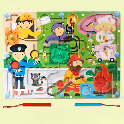 Joc Montessori de Sortare Culori, Klevo, Creion Magnetic, Tip Labirint Ilustrat, din Lemn, Model Meserii, 39x29x1.5 cm