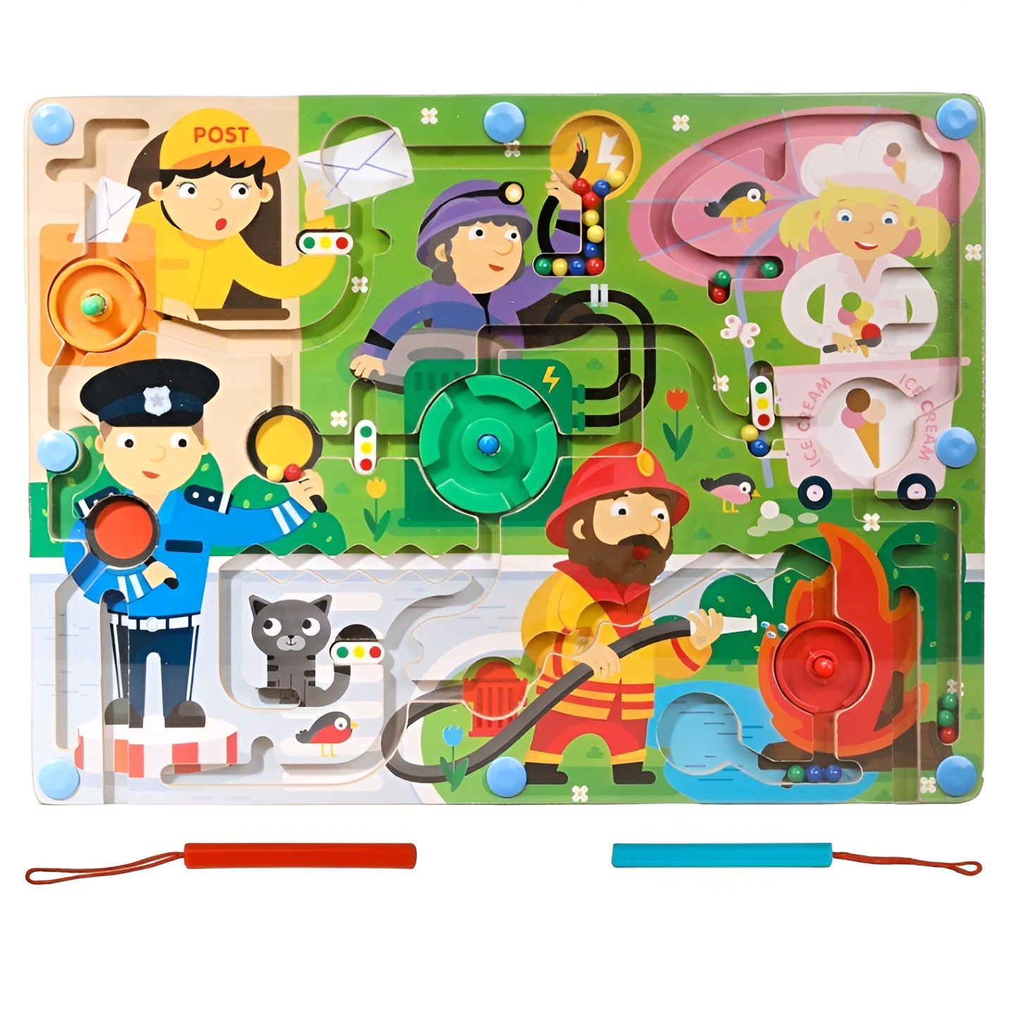 Joc Montessori de Sortare Culori, Klevo, Creion Magnetic, Tip Labirint Ilustrat, din Lemn, Model Meserii, 39x29x1.5 cm