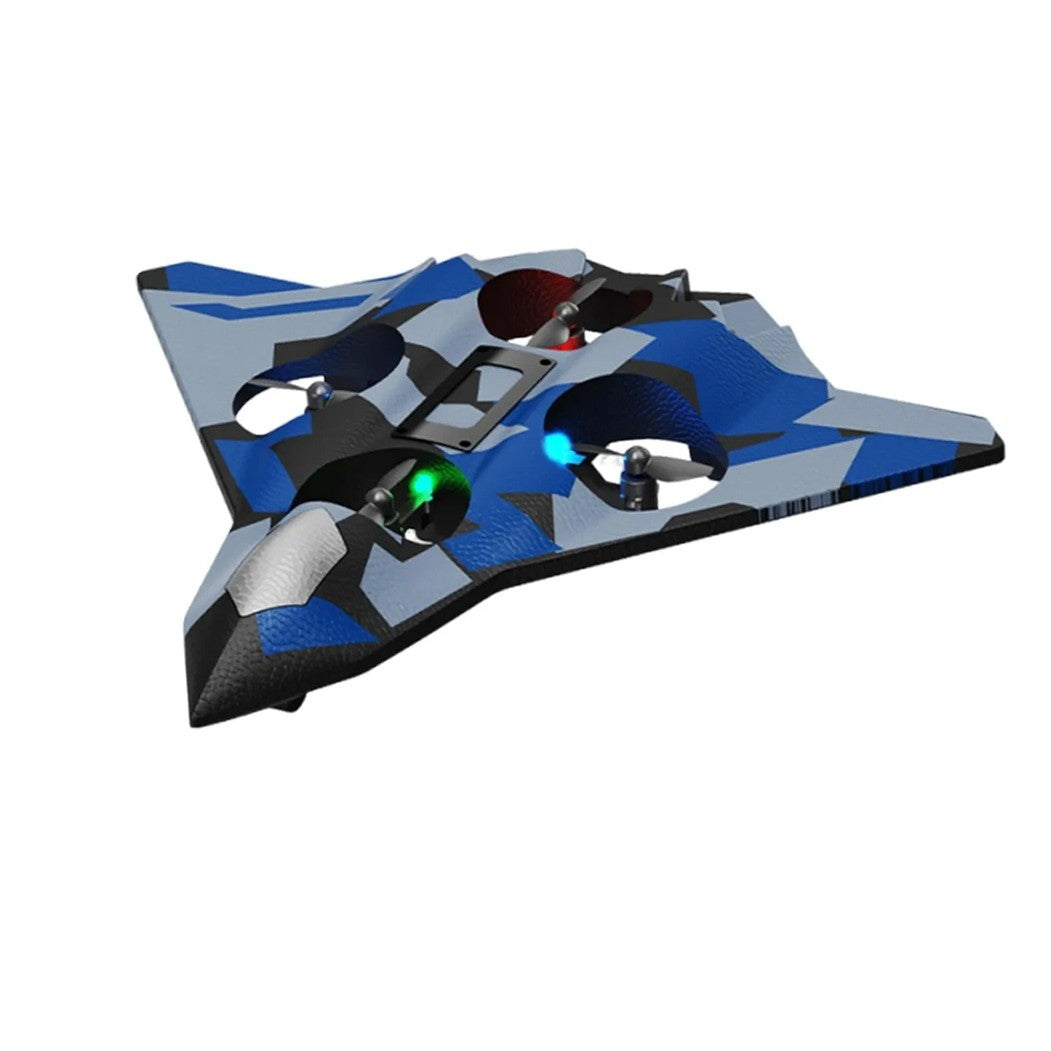 Avion de Lupta cu Telecomanda, Klevo, Tip Drona, din EVA (Spuma), cu Telecomanda, Incarcare USB, 2.4 GHz, Rotire 360°, Zbor pana la 100 m, LED, 24 x 25.5 x 4.2 cm, Model Army, Albastru
