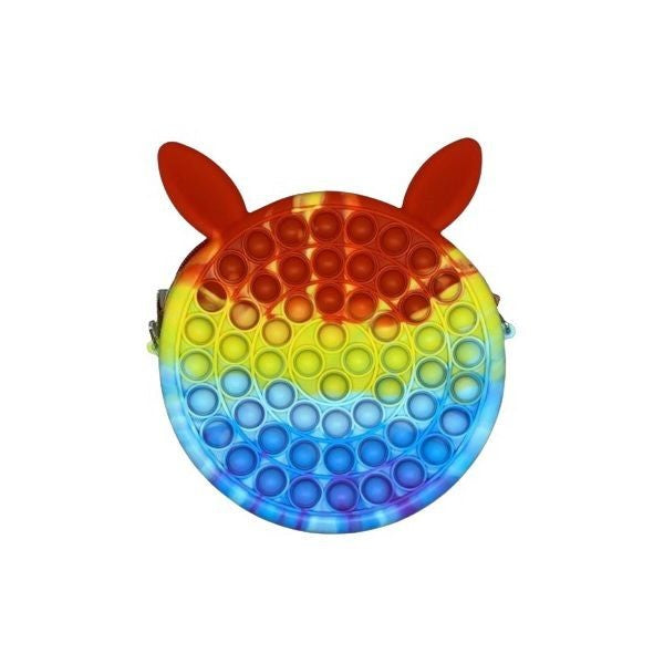Jucarie antistres din silicon Klevo, Geanta Pop It, Iepuras, 16 cm, Curcubeu