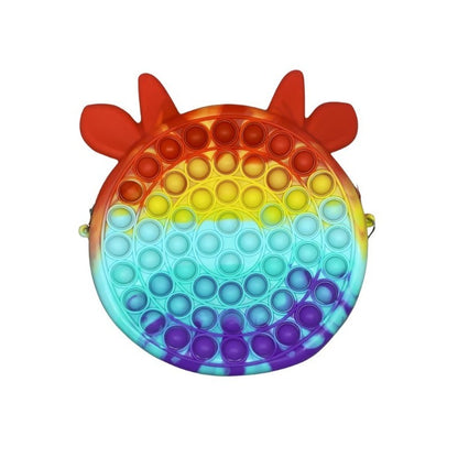 Jucarie antistres din silicon Klevo, Geanta Pop It, Vacuta, 16 cm, Curcubeu