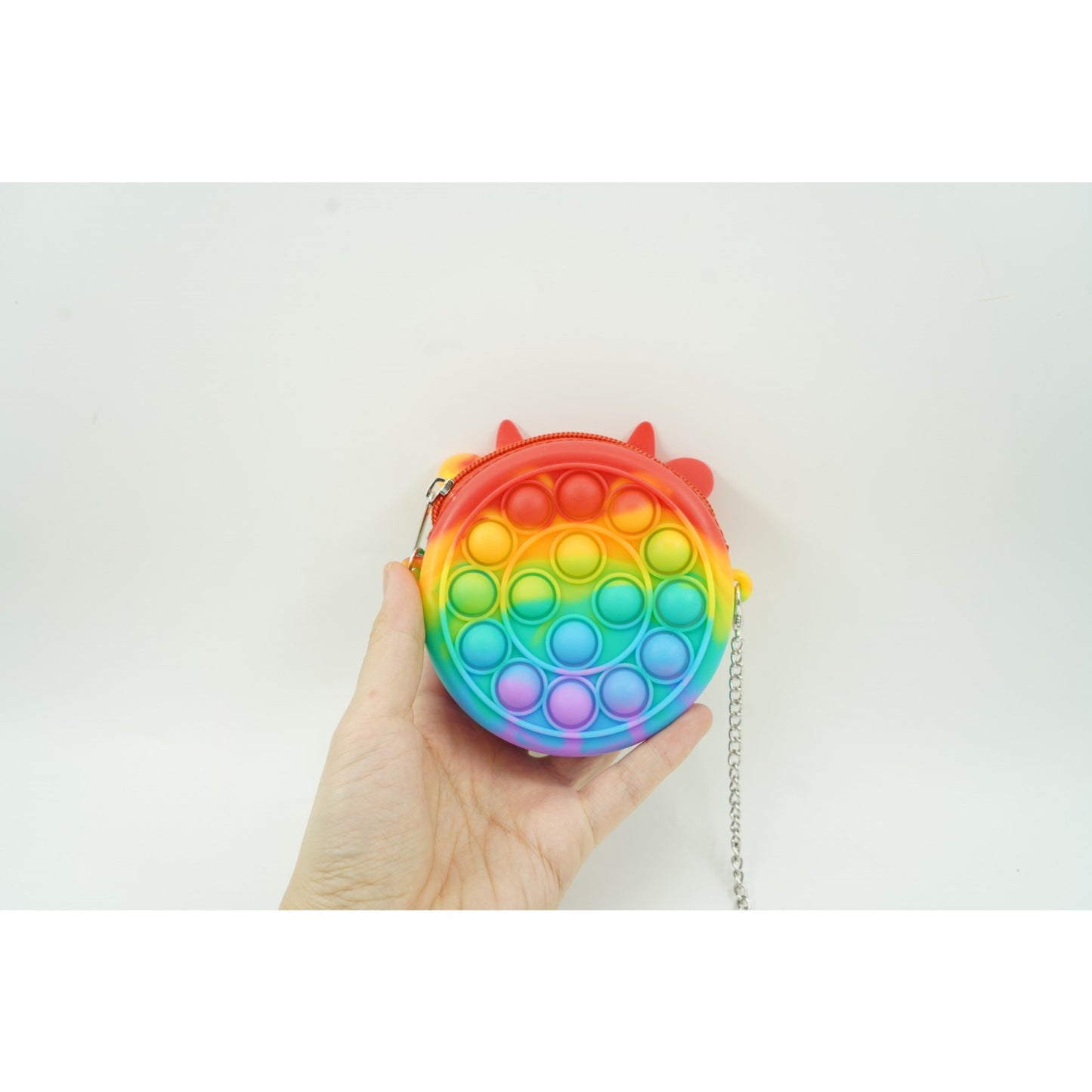Jucarie antistres din silicon Klevo, Pop it Now and Flip It ,Mini Geanta, Vacuta, 6 cm, Curcubeu
