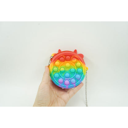 Jucarie antistres din silicon Klevo, Pop it Now and Flip It ,Mini Geanta, Vacuta, 6 cm, Curcubeu