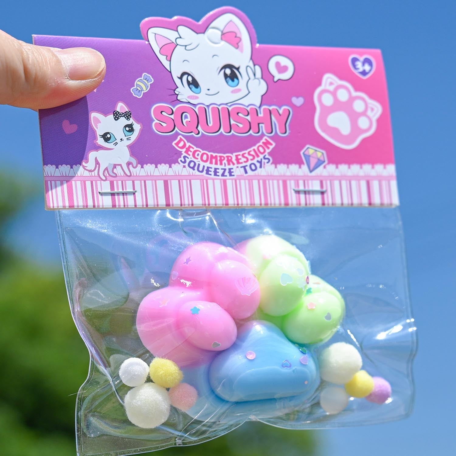 Jucarie Antistres Squishy, Klevo, cu Revenire Lenta, Labuta de Pisica Pufoasa, 7.5 cm, Ambalaj Transparent, Model 27057, Multicolor