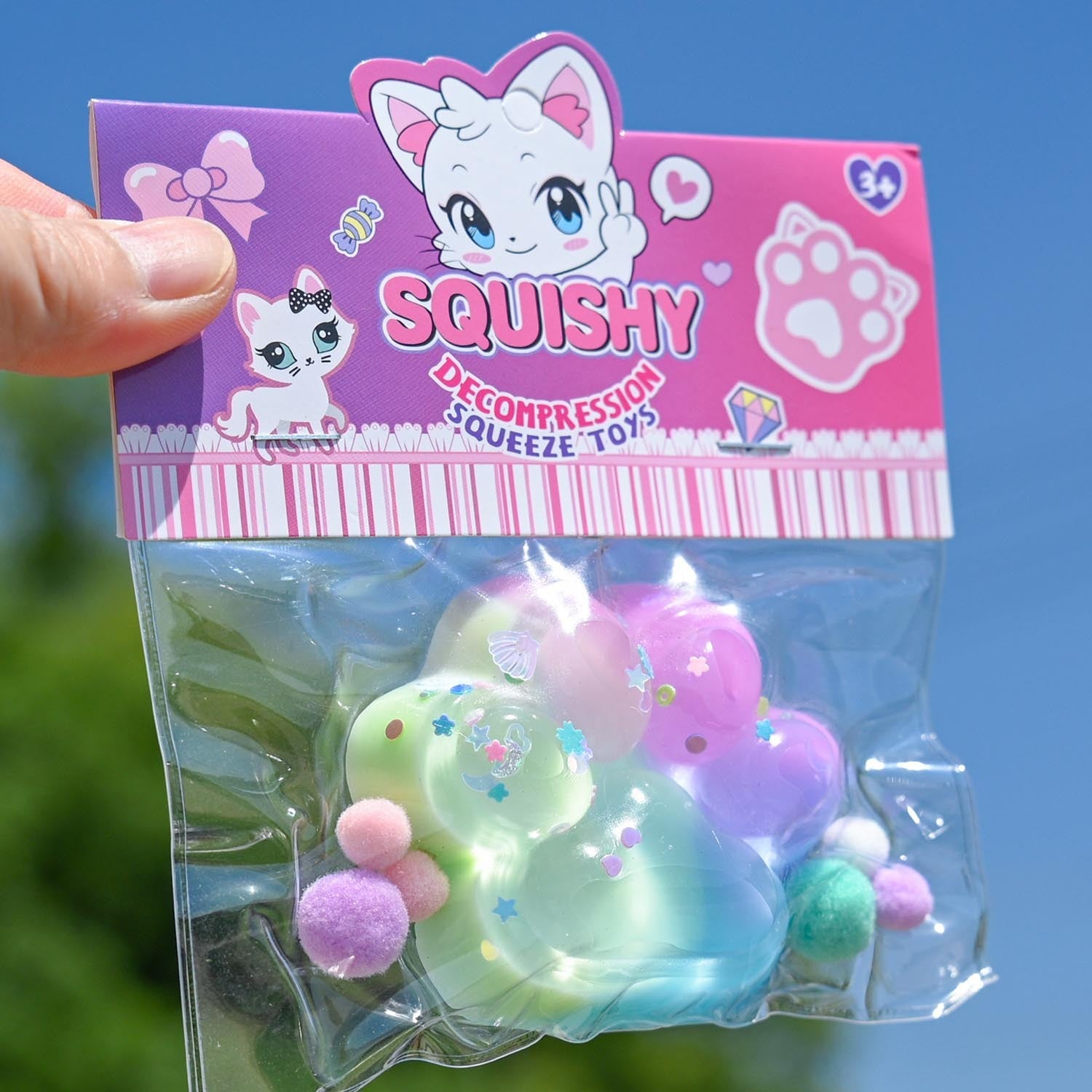 Jucarie Antistres Squishy, Klevo, Labuta de Pisica Squeeze Toys, cu Revenire Lenta, 7.5 cm, Model 270521, Multicolor