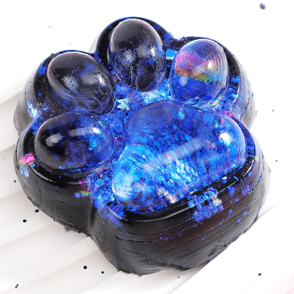 Jucarie Antistres Squishy, Klevo, cu Revenire Lenta, Squeeze Pinch Family, Model Labuta de Pisica cu Sclipici, 6.5x6 cm, 60g, Ambalaj Transparent, Albastru-Negru