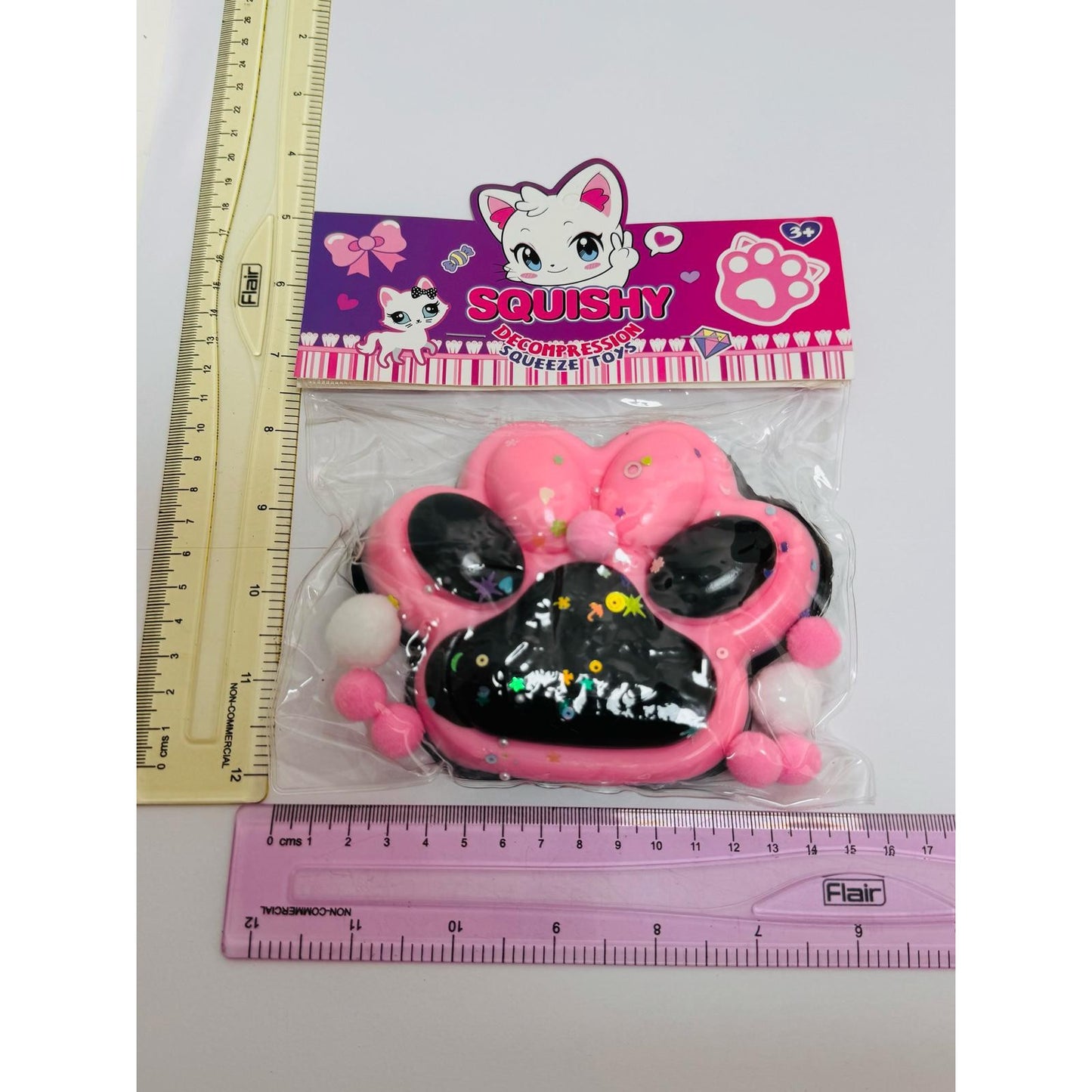 Jucarie Antistres Squishy, Klevo, cu Revenire Lenta, Model Labuta de Pisica, cu Stelute, 12 cm, 220g, Pinch Family, Ambalaj Transparent, Roz Negru