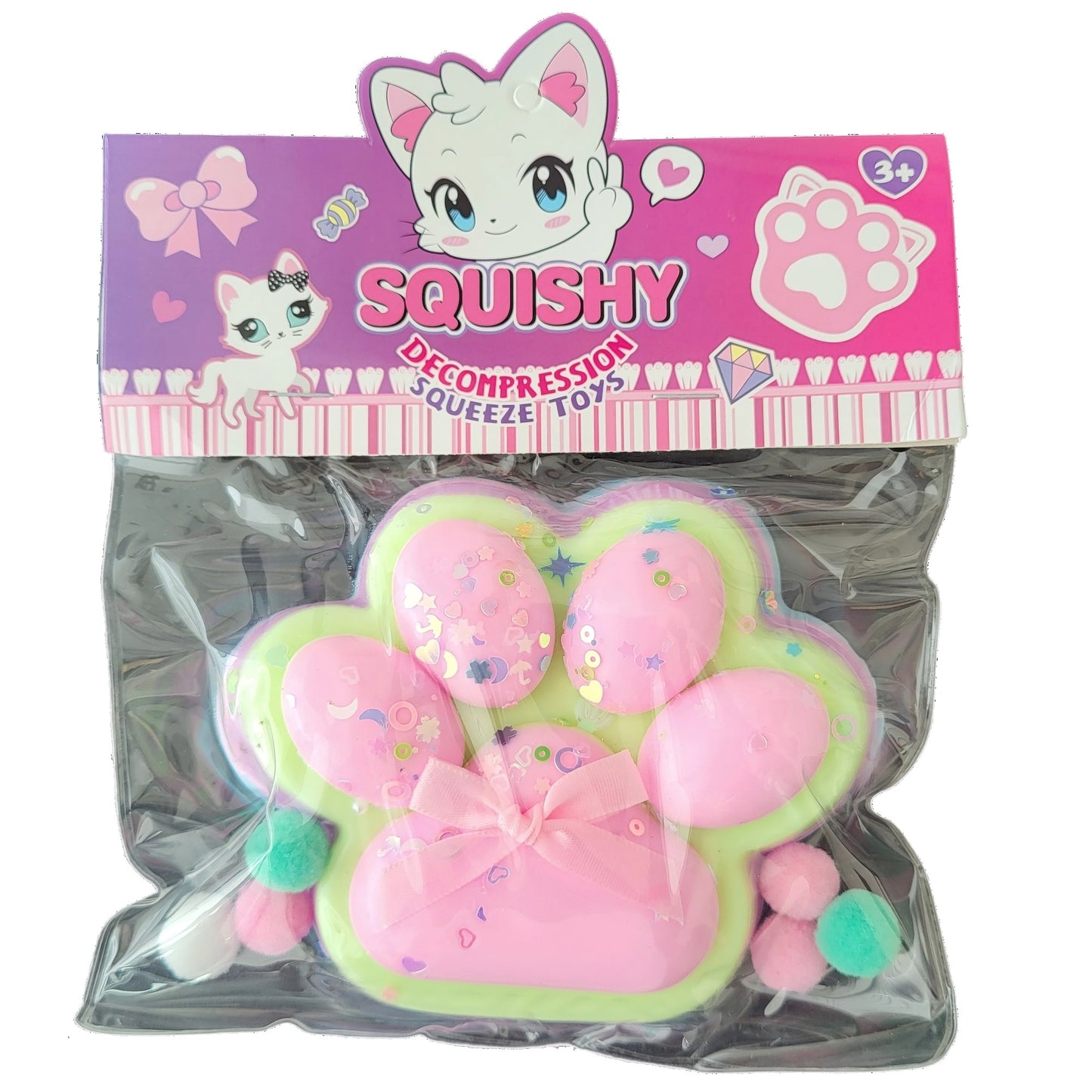 Jucarie Antistres Squishy, Klevo, cu Revenire Lenta, Model Labuta de Pisica Pufoasa, 12.5x10.5 cm, 200g, Squeeze Pinch Family, Ambalaj Transparent, Roz Curcubeu
