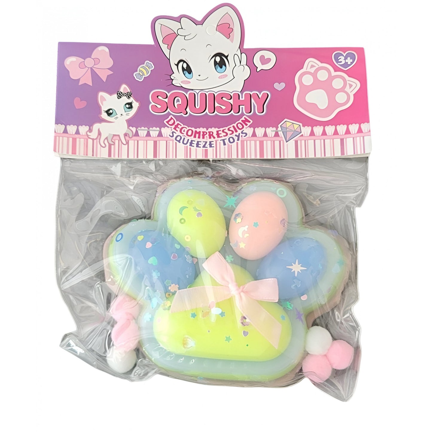 Jucarie Antistres Squishy, Klevo, cu Revenire Lenta,  Model Labuta de Pisica Pufoasa, 12.5x10.5 cm, 220g, Squeeze Pinch Family, Multicolor Albastru