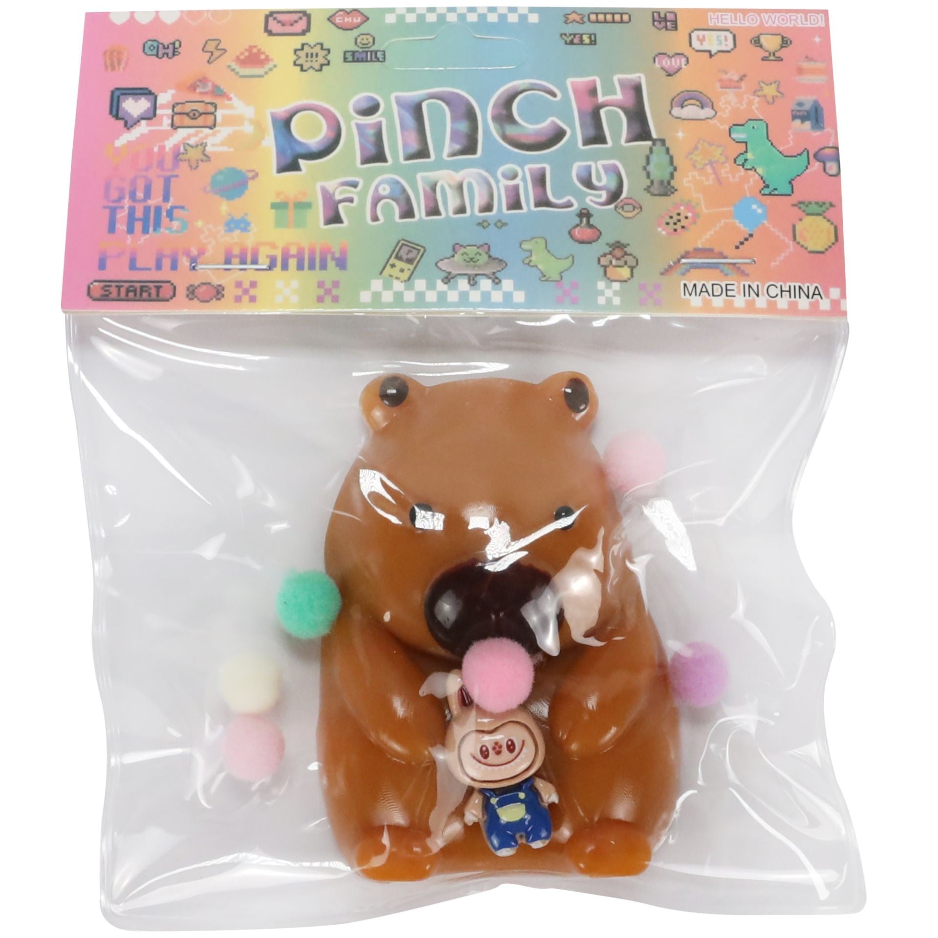 Jucarie Antistres Squishy, Klevo, cu Revenire Lenta, Squeeze Pinch Family, Model Urs, Ambalaj Transparent, 4.5 x 7.2 cm, Maro