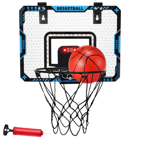 Cos de Baschet pentru Copii, Klevo, cu Tablou de Bord Electronic, Minge, Pompa, 2 Moduri, Interior/Exterior, Inel Metalic si Rabatabil cu Arc, Luminos, 41x31x5 cm, Multicolor