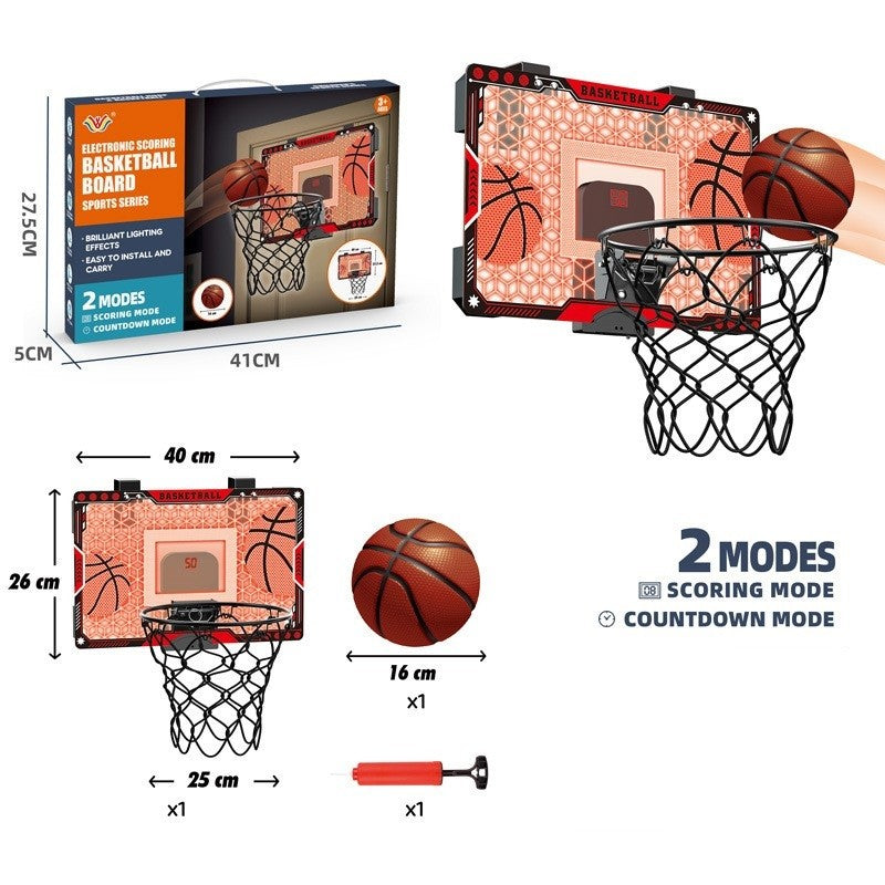 Cos de Baschet pentru Copii, Klevo, cu Tablou de Bord Electronic, Minge, Pompa, 2 Moduri, Interior/Exterior, Inel Metalic si Rabatabil cu Arc, Luminos, 41x27.5x5 cm, Multicolor