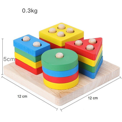 Jucarie Educativa Klevo, Tip Montessori, din Lemn, + 36 Luni, Forme Geometrice, 16 Piese, 12 x 12 cm, Multicolor